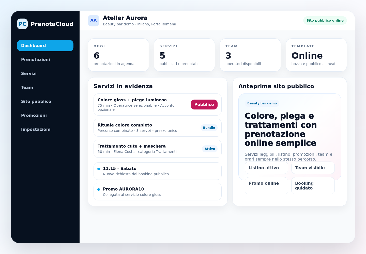 Anteprima demo del pannello attività Atelier Aurora
