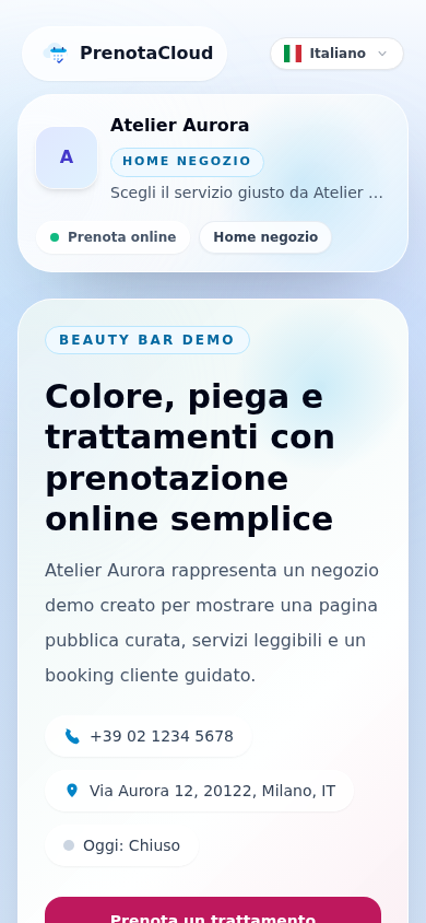 Screenshot reale mobile del booking Atelier Aurora