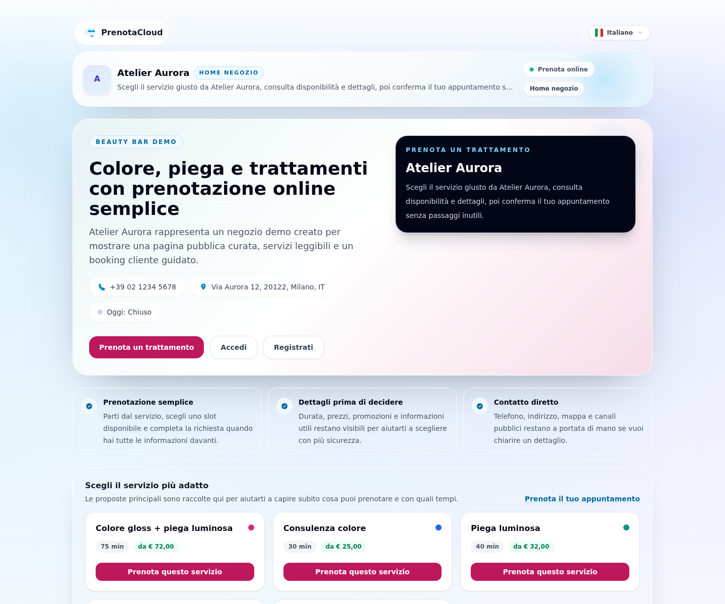 Screenshot reale del sito pubblico Atelier Aurora creato con PrenotaCloud
